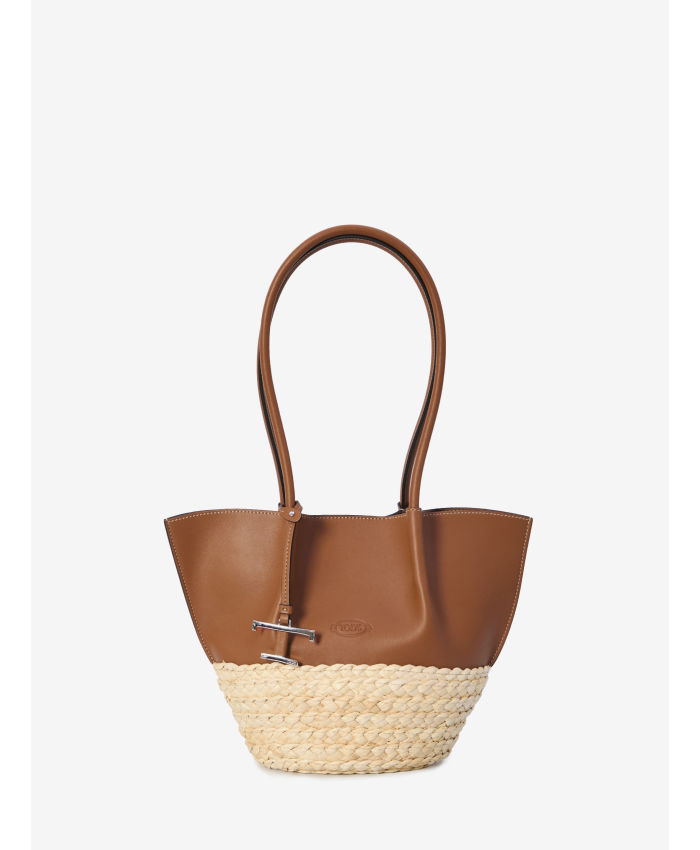 TOD'S - Shopping bag in brown leather and raffia