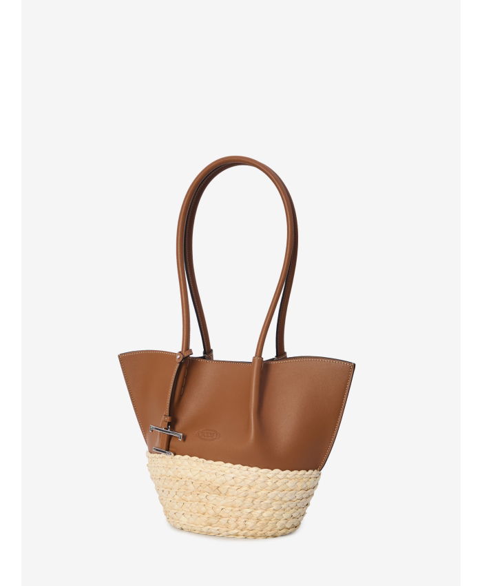 TOD'S - Shopping bag in brown leather and raffia