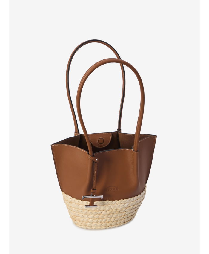 TOD'S - Shopping bag in brown leather and raffia