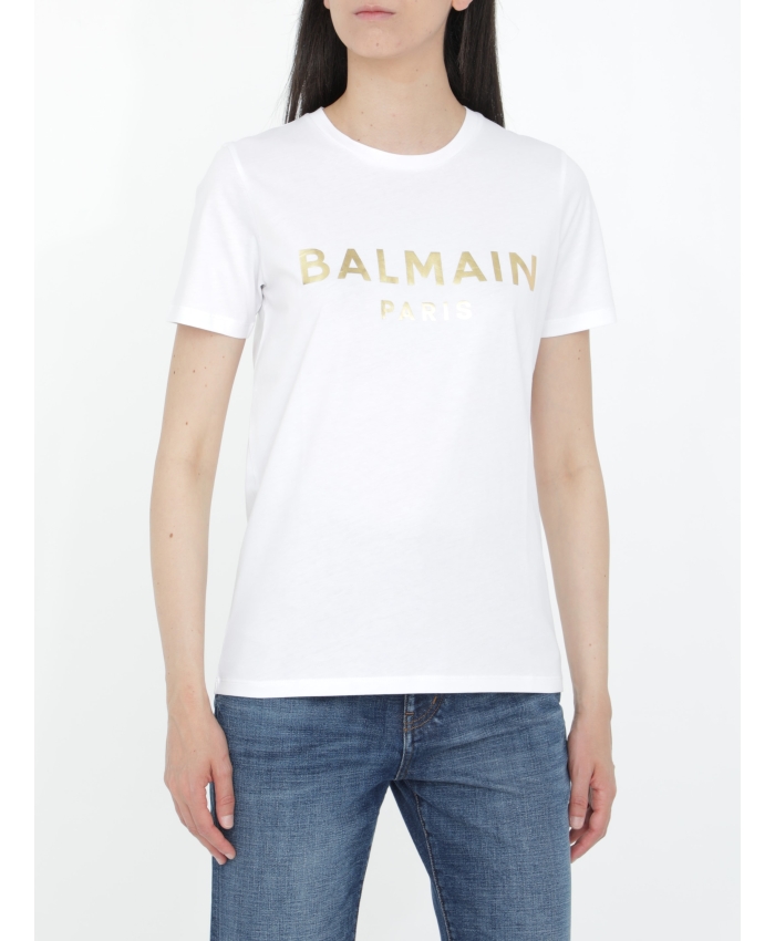 BALMAIN - White t-shirt with gold logo