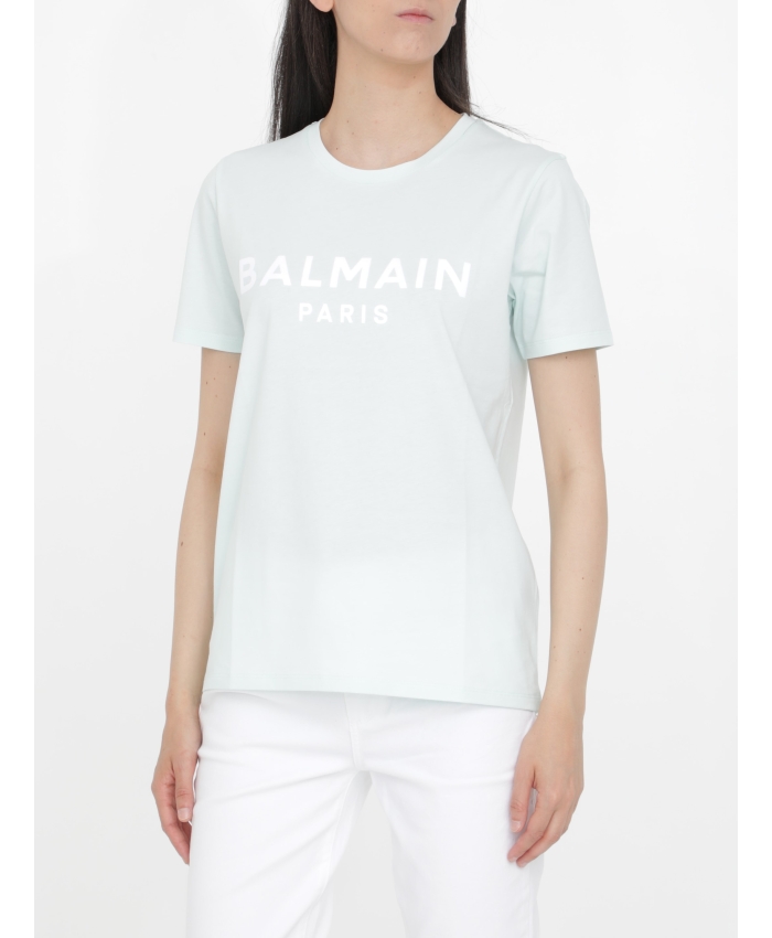 BALMAIN - Light-blue t-shirt with white logo