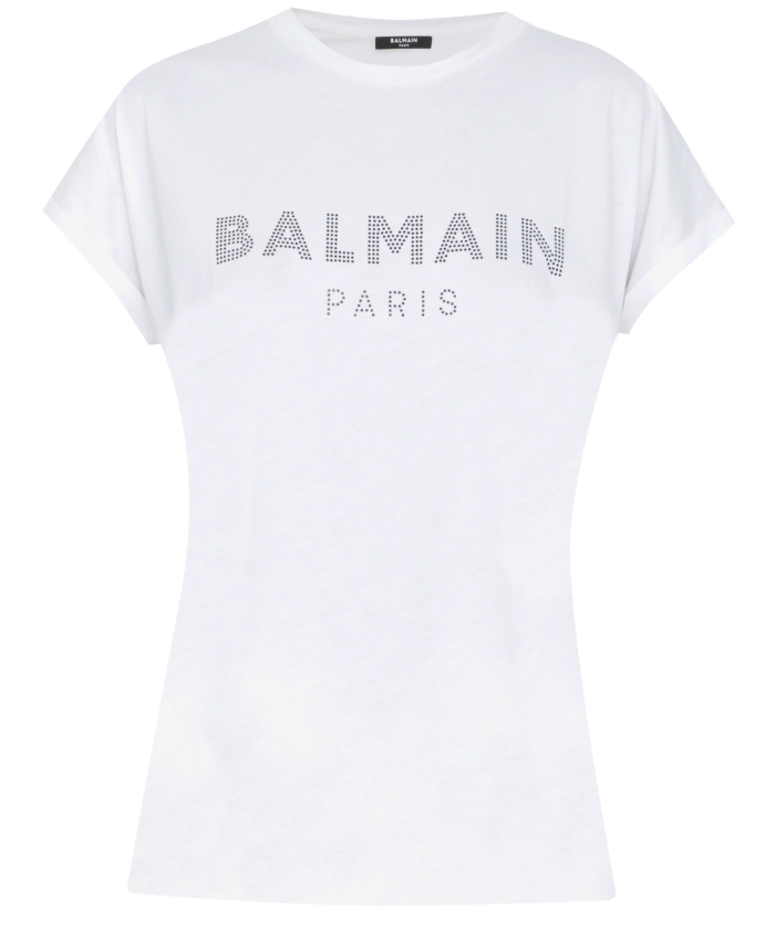 BALMAIN - T-shirt bianca con logo strass